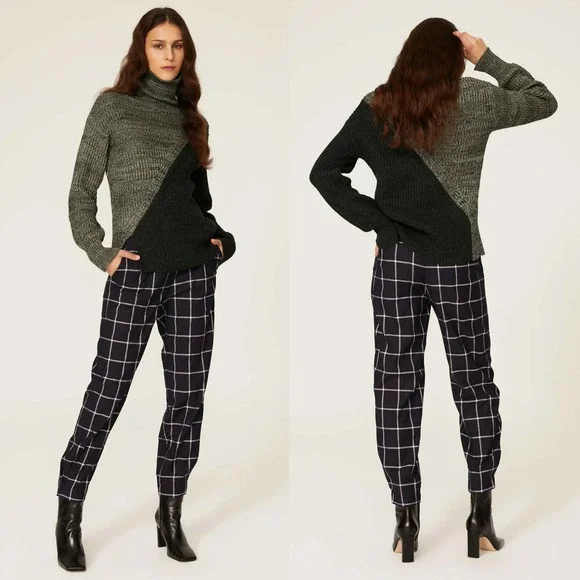 Derek Lam Collective Dress Pants Navy Blue Windowpane Plaid Trouser High Rise 36 Straight Leg